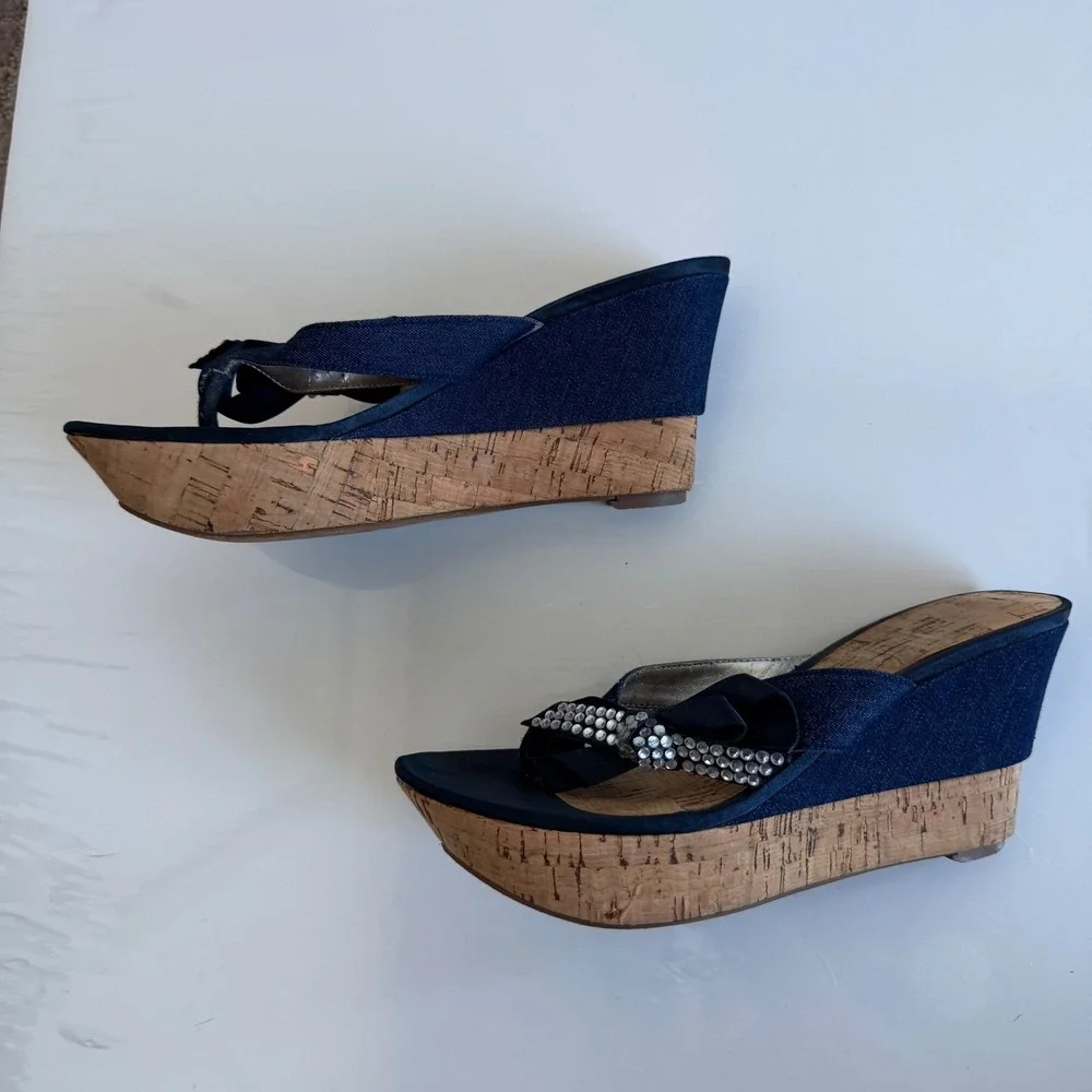Vintage 90s Guess‎ Denim Cork Wedges Size 6